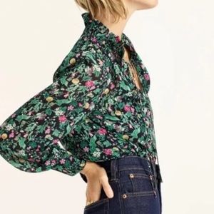 J. Crew Drapey Tie-neck Ruffle Top in Winter Garden Floral BD994 - Size L
